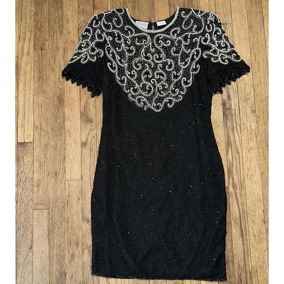 Vintage Stenay Silk Black Beaded Cocktail Dress 8 Pearl Cutout Glam 80s Retro - Picture 1 of 12
